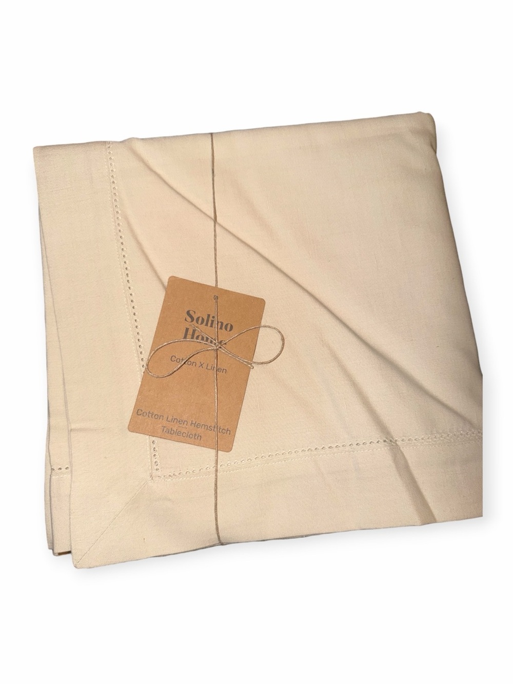 NWT Solino Home Cotton Linen Hemistitch Tablecloth Ivory Beige 58"x132" Large